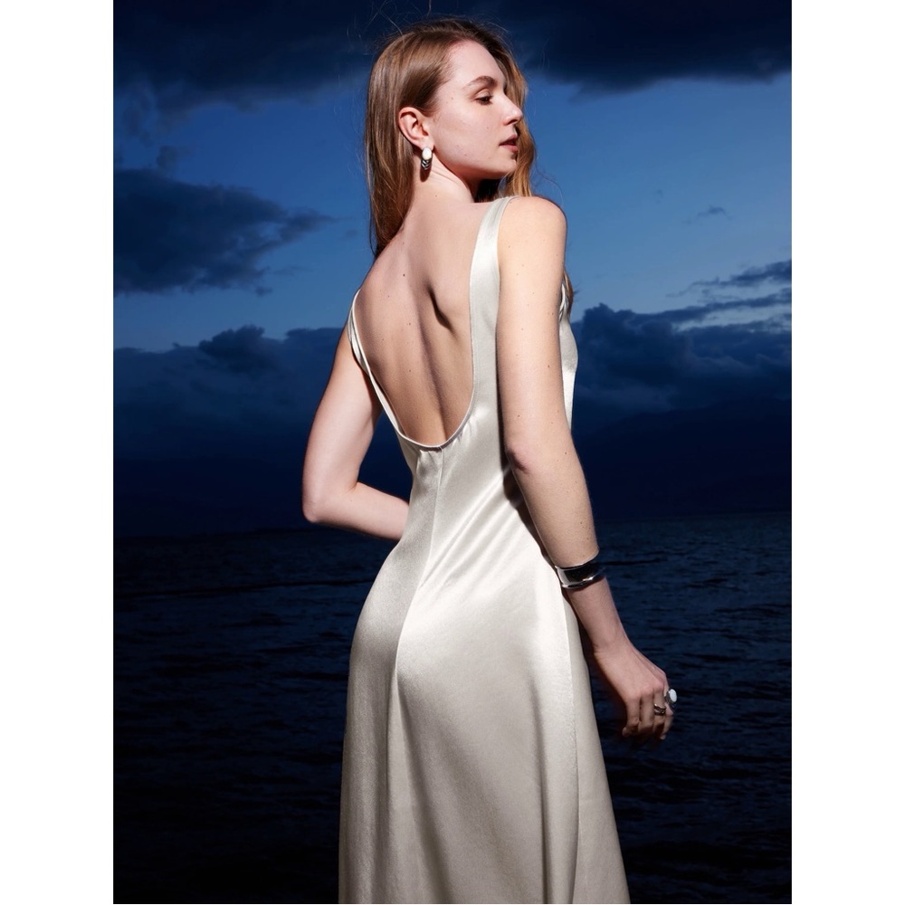 OGL Acetate Scoop Neck Open Back Midi Dress | Elegant Cream Satin Slip Dress